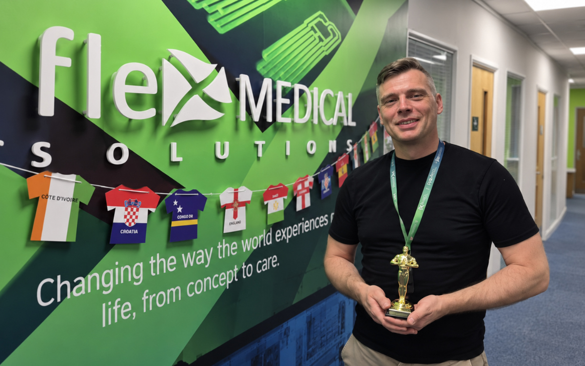 Brian Miller pictured next to our World Cup celebrations during his three months probationary period here at FlexMedical Solutions.